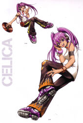  1girl :d absurdres artbook beatmania_iidx beatmania_iidx_7th_style bemani black_pants breasts cd_player cd_walkman character_name dj flame_print full_body goli_matsumoto hand_on_headphones headphones highres long_hair looking_at_viewer medium_breasts mizushiro_celica multiple_views official_art pants purple_hair purple_shoes raver scan shirt shoes simple_background sleeveless sleeveless_shirt smile third-party_source twintails very_long_hair vinyl_record violet_eyes w white_background white_shirt 