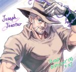  1boy adjusting_clothes adjusting_hat beard blue_eyes drawr facial_hair gloves grey_hair happy_birthday hat hermit_purple jojo_no_kimyou_na_bouken joseph_joestar kouto29 solo stand_(jojo) white_hair 