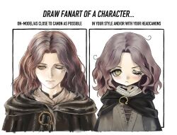  1girl black_cape brown_eyes brown_hair cape closed_mouth dress elden_ring english_text facial_tattoo grey_dress hood hood_down hooded_cape long_hair long_sleeves looking_at_viewer melina_(elden_ring) multiple_drawing_challenge on-model_vs_in_your_style_challenge one_eye_closed tattoo wavy_hair white_background xgshjsgha 