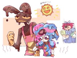  1boy 2girls annoyed bags_under_eyes bare_arms bare_shoulders black_eyes blue_gloves blue_shirt blush_stickers bow buttons candy chocolate chocolate_bar chocolate_chip_cookie chocolate_syrup clenched_hand clenched_teeth collared_shirt colored_sclera colored_skin colored_teeth commentary_request contrast_collar cookie cropped_torso dress fewer_digits food frilled_sleeves frills furry furry_male gloves grid hair_bow hand_on_own_cheek hand_on_own_face hand_up highres holding holding_food holding_ice_cream hot ice_cream ice_cream_cone ichi_kura64 jax_(the_amazing_digital_circus) jitome looking_ahead looking_down melting melting_ice_cream motion_lines multicolored_eyes multiple_girls no_nose no_pupils open_mouth orange_background orange_sclera orange_teeth outline overalls parted_lips pink_eyes pink_overalls pink_shirt pom_pom_(clothes) pomni_(the_amazing_digital_circus) puffy_short_sleeves puffy_sleeves purple_bow purple_dress rabbit_boy ragatha_(the_amazing_digital_circus) red_hair shirt short_hair short_sleeves side-by-side simple_background sprinkles standing striped_clothes striped_shirt sun sun_(the_amazing_digital_circus) sweat syrup teeth the_amazing_digital_circus twitter_username two-tone_background two-tone_eyes two-tone_shirt v-shaped_eyebrows vertical-striped_clothes vertical-striped_shirt violet_eyes white_background white_outline white_skin yellow_gloves 