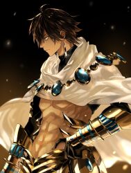  1boy abs armor brown_eyes brown_hair cloak commentary cropped_shirt earrings fate/grand_order fate_(series) hand_on_own_hip highres jewelry male_focus midriff necklace ozymandias_(fate) profile short_hair solo to_yam_a toned toned_male turtleneck untranslatable_commentary upper_body white_cloak 
