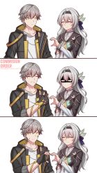  1boy 1girl absurdres black_gloves black_hairband black_jacket blush breasts caelus_(honkai:_star_rail) centauri-d closed_eyes commission fingerless_gloves firefly_(honkai:_star_rail) gloves grey_hair hair_between_eyes hairband heart heart_hands heart_hands_duo heart_hands_failure highres honkai:_star_rail honkai_(series) jacket long_hair open_clothes open_jacket second-party_source shaded_face short_hair smile thumbs_up trailblazer_(honkai:_star_rail) yellow_eyes 