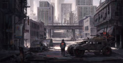  1other abandoned absurdres ambiguous_gender black_hoodie bridge building car day from_behind highres hood hood_up hoodie hutao_li lamppost military_vehicle motor_vehicle original outdoors post-apocalypse road scenery skyscraper urban very_wide_shot walking 