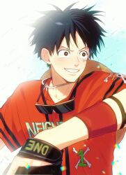  1boy alternate_costume baseball_jersey baseball_uniform black_hair collarbone commentary eyewear_around_neck hat hat_on_back highres jersey looking_to_the_side male_focus monkey_d._luffy one_piece parted_lips red_shirt scar scar_on_cheek scar_on_face shirt short_hair short_sleeves si44ss solo sportswear straw_hat sunglasses teeth untranslatable_commentary upper_body wristband 