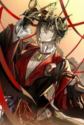 1boy absurdres ambience_synesthesia animal_ears arknights black_gloves black_robe brown_hair cat_boy cat_ears chinese_clothes chinese_commentary closed_mouth commentary_request eye_mask gloves hair_between_eyes hand_up heer638295 highres holding holding_mask long_sleeves looking_at_viewer male_focus mask official_alternate_costume phantom_(arknights) red_ribbon ribbon robe shirt short_hair solo tragodia_(arknights) upper_body white_shirt yellow_eyes 