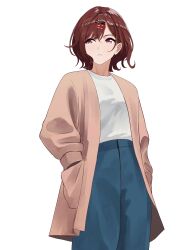  1girl absurdres blue_pants brown_hair brown_jacket commentary cowboy_shot hair_ornament hairclip hands_in_pockets highres higuchi_madoka idolmaster idolmaster_shiny_colors jacket looking_to_the_side open_clothes open_jacket pants raisu_rice shirt short_hair simple_background solo standing violet_eyes white_background white_shirt 