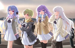  4girls :d absurdres adapted_costume arms_behind_back ascot backlighting bag bike_shorts black_ascot black_bag black_bow black_coat black_pantyhose black_thighhighs blue_eyes blue_hair blue_scarf bow braid cardigan clenched_hand clouds cloudy_sky coat commentary commission cowboy_shot crocodile_hair_ornament crossed_arms crown_braid eyes_visible_through_hair floating_hair green_hair hair_behind_ear hair_between_eyes hair_bow hair_bun hair_ornament hairclip hand_up highres holding holding_bag hood hood_down hooded_coat index_finger_raised long_hair long_sleeves looking_at_another miniskirt mountainous_horizon multiple_girls naruse_shiroha nomura_miki ocean open_cardigan open_clothes open_coat open_mouth otou_(otou_san) outdoors pantyhose parallel_hairclips pink_scarf profile purple_hair purple_scarf railing red_eyes ringed_eyes sailor_collar sailor_shirt scarf school_bag school_uniform serafuku shirt short_hair shorts shorts_under_skirt siblings sidelocks single_hair_bun sisters skeb_commission skirt sky sleeves_past_wrists smile sorakado_ai sorakado_ao summer_pockets summer_pockets_school_uniform thigh-highs twins very_long_hair white_hair white_sailor_collar white_serafuku white_shirt white_skirt winter winter_clothes yellow_cardigan yellow_scarf zettai_ryouiki 
