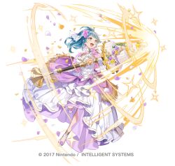  1girl blue_hair blush breasts cake commentary_request dress earrings elbow_gloves fighting_stance fire_emblem fire_emblem_heroes flower food frilled_dress frills full_body gloves hair_flower hair_ornament high_heels jewelry medium_breasts official_alternate_costume official_art open_mouth pink_flower pink_rose pink_shawl ponytail reginn_(fire_emblem) reginn_(full-tilt_bride)_(fire_emblem) rose see-through_clothes see-through_shawl shawl smile solo strapless strapless_dress wedding_cake wedding_dress white_flower white_gloves white_rose yellow_eyes yellow_flower yellow_rose yuko_(uc_yuk) 