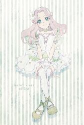  1girl aizen_(syoshiyuki) bow commentary_request dress flower_hairband footwear_bow frilled_dress frills full_body gloves green_eyes green_shoes hairband hanami_kotoha highres long_hair mahou_girls_precure! pink_hair precure puffy_short_sleeves puffy_sleeves see-through_clothes see-through_sleeves shoes short_sleeves simple_background smile solo striped_background thigh-highs vertical-striped_background white_dress white_gloves white_hairband white_thighhighs 