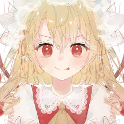 1girl :p ascot blonde_hair blush closed_mouth collared_shirt commentary_request crystal crystal_wings flandre_scarlet furawast hat heart heart_in_eye highres lace-trimmed_collar lace_trim looking_at_viewer mob_cap pointy_ears portrait red_eyes red_vest shirt simple_background smile solo symbol_in_eye tongue tongue_out touhou vest white_background white_hat white_shirt wings yellow_ascot 
