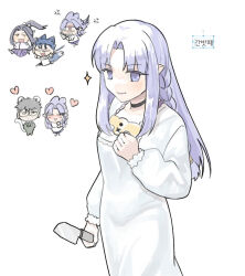  1girl 3boys braid chibi chibi_inset commentary cu_chulainn_(fate) cu_chulainn_(fate/stay_night) cu_chulainn_(lancer)_(fate) ddong_pong fate/stay_night fate_(series) heart holding holding_knife knife kuzuki_souichirou long_hair long_sleeves medea_(caster)_(fate) medea_(fate) multiple_boys pointy_ears purple_hair sasaki_kojirou_(fate) side_braid simple_background violet_eyes white_background 