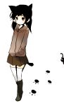  1girl animal_ears black_hair boots cat cat_ears cat_tail jacket knee_boots original paw_print scrunchie simple_background skirt solo tail thigh-highs tsukiyo_(skymint) white_background 