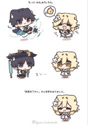  1boy 1girl animal_ear_fluff animal_ears arms_at_sides black_bodysuit black_bridal_gauntlets black_gloves black_sandals black_shorts blonde_hair blue_cape blue_feathers blue_hat blue_jingasa blue_kimono blue_trim blunt_ends blush bodysuit bridal_gauntlets cape cat_boy cat_ears cat_girl chibi chibi_only choppy_bangs closed_eyes closed_mouth commentary_request detached_sleeves dress facing_another feather_hair_ornament feathers fingerless_gloves floating flower genshin_impact gloves gold hair_flower hair_intakes hair_ornament halterneck hand_up hat highres igyou_kusamochi japanese_clothes jingasa juban jumping kimono levitation looking_at_another lumine_(genshin_impact) open_hand open_mouth pantyhose sandals scaramouche_(genshin_impact) scarf sequential shorts shoulder_peek side_cape smile speech_bubble spoken_hand standing translation_request violet_eyes vortex wanderer_(genshin_impact) waving_hands white_background white_dress white_flower white_kimono white_pantyhose white_scarf white_sleeves yellow_eyes zouri 