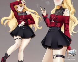  1girl alternate_costume artist_name between_fingers black_bow black_dress black_nails black_skirt black_socks blonde_hair blowing_smoke blush bow bow_ring breasts brooch buckle can casual cellphone character_name character_signature choker cigarette commentary cowboy_shot dress earrings energy_drink english_commentary ereshkigal_(fate) facing_to_the_side fashion fate/grand_order fate_(series) fingernails frills from_side globus_cruciger gradient_background hair_bow hand_on_own_head heart heart-shaped_buckle heart_brooch holding holding_can holding_cigarette holding_phone iphone jewelry jirai_kei lace lace_trim long_hair long_sleeves looking_at_viewer lying mary_janes monster_energy multiple_rings multiple_views nail_polish necklace off-shoulder_shirt off-shoulder_sweater off_shoulder open_mouth orange_eyes paid_reward_available parted_bangs patterned_background phone pillow planet_necklace red_bow red_choker red_eyes red_shirt ring shirt shirt_over_dress shoes short_dress signature simple_background skirt sleeveless sleeveless_dress small_breasts smartphone smoke smoking socks solo standing star_(symbol) striped_background sweater thigh_strap thighs tobacco twitter_username two_side_up vivienne_westwood xkzan y2k_fashion 