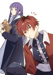  1boy 1girl absurdres bag baguette behind_another black_coat black_pants black_shirt blunt_bangs bread chinese_commentary closed_mouth coat commentary_request dated fern_(sousou_no_frieren) food highres holding holding_bag jacket long_sleeves looking_at_viewer male_focus mandarin_collar mouth_hold open_clothes open_coat open_jacket outline pants paper_bag purple_hair red_eyes red_hair red_jacket shirt sidelocks signature simple_background sitting sousou_no_frieren stalk_in_mouth standing stark_(sousou_no_frieren) two-handed violet_eyes white_background white_trim yellow_outline yilansideless 