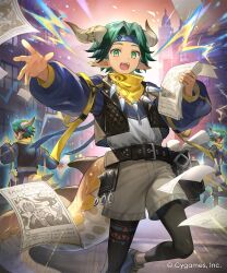  1boy belt belt_buckle belt_pouch black_belt blue_shirt brown_jacket brown_shoes buckle commentary_request copyright_name dragon_boy dragon_horns dragon_tail dragonewt_promoter fujie-yz green_eyes green_hair highres holding_flyer horns jacket jewelry long_sleeves looking_at_viewer multiple_views neckerchief necklace official_art open_clothes open_jacket open_mouth outdoors parted_bangs pointy_ears pouch shadowverse shadowverse:_worlds_beyond shirt shoes short_hair shorts tail teeth upper_teeth_only white_shorts yellow_neckerchief 
