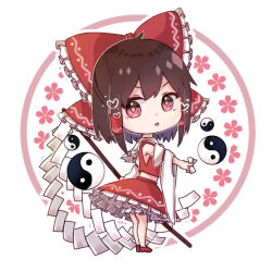  1girl between_fingers bow brown_hair chibi chibi_only circle commentary_request detached_sleeves frilled_bow frilled_skirt frills full_body furawast gohei hair_bow hair_tubes hakurei_reimu heart holding holding_gohei holding_ofuda long_hair ofuda ofuda_between_fingers orb petals pink_eyes red_bow red_shoes red_skirt shoes simple_background skirt skirt_set solo touhou white_background yin_yang yin_yang_orb 