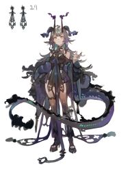  1girl ankle_boots aqua_streaks bare_shoulders black_boots black_dress black_fire black_nails black_shawl black_tail boots breasts closed_mouth coattails corset dragon_tail dress expressionless fiery_tail fire flaming_horns flipped_bangs flipped_hair full_body furisode_sleeves gradient_hair grey_hair hand_up highres horns jewelry layered_sleeves leash long_hair long_tail multicolored_hair multiple_horns nail_polish off-shoulder_dress off_shoulder open-toe_boots original pendant photo_inset purple_fire purple_streaks reference_inset shawl short_dress showgirl_skirt simple_background small_breasts solo split_mouth standing strap streaked_hair tail tailcoat toga_(toganawa) unfinished very_long_hair wavy_hair white_background wolf_cut yellow_eyes 