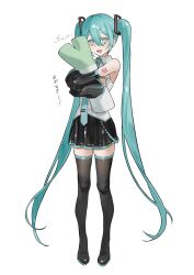  1girl aqua_eyes aqua_hair aqua_necktie bare_shoulders black_boots black_skirt boots commentary detached_sleeves hair_between_eyes hakai_orz hatsune_miku highres holding holding_stuffed_toy hugging_object long_hair looking_at_viewer necktie number_tattoo open_mouth shiny_clothes shirt shoulder_tattoo skirt sleeveless sleeveless_shirt solo spring_onion stuffed_toy tattoo thigh_boots translation_request very_long_hair vocaloid white_shirt 