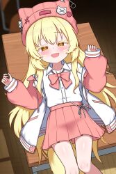  1girl absurdres animal_ears blonde_hair commentary commission desk english_commentary fox_ears fox_girl fox_tail highres jacket loli long_hair lying on_back original shirt skirt solo tail variant_set white_shirt zing_(z_z_zing) 