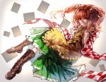  1girl adjusting_glasses apron bell boots brown_eyes brown_hair glasses highres japanese_clothes kimono looking_at_viewer motoori_kosuzu solo touhou two_side_up uu_uu_zan 