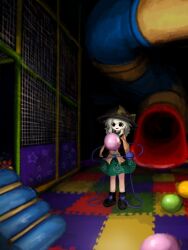  1girl ball black_boots black_eyes black_hat black_mouth boots bow buttons collared_shirt commentary darkness diamond_button disembodied_linked_eye empty_eyes eyeball floral_print frilled_shirt_collar frilled_sleeves frills green_hair green_skirt hat hat_bow heripantomorrow holding holding_ball horror_(theme) komeiji_koishi long_sleeves looking_at_viewer open_mouth print_skirt rose_print shirt skirt slide smile solo touhou wide_sleeves yellow_bow yellow_shirt 
