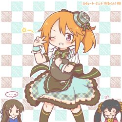  !? ... 3girls animal_print apron black_apron black_bow black_hair blue_dress blue_skirt blue_vest blush bow brown_eyes brown_hair checkered_background chibi commentary_request dress fang grin hat holding holding_tray idolmaster idolmaster_cinderella_girls idolmaster_cinderella_girls_starlight_stage jacket leopard_print matoba_risa mini_hat mitarashi_neko multiple_girls open_mouth orange_hair parted_lips plaid_hat print_camisole print_ribbon puffy_short_sleeves puffy_sleeves purple_jacket ribbon shirt short_sleeves skirt smile solo_focus spoken_ellipsis star_(symbol) tachibana_arisu tilted_headwear tray twintails unmoving_pattern v v_over_eye vest waist_apron waitress white_shirt wide_oval_eyes wrist_cuffs yuuki_haru 