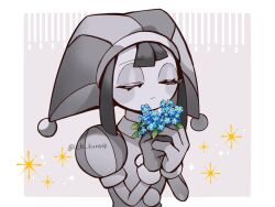  1girl bare_arms blue_flower blush_stickers border center-flap_bangs closed_eyes closed_mouth collared_shirt double-parted_bangs expressionless eyeshadow fewer_digits flower gloves grey_background greyscale_with_colored_background hair_between_eyes hands_up hat hat_bell highres holding holding_flower ichi_kura64 jester jester_cap leaf light_frown makeup no_nose outside_border pom_pom_(clothes) pomni_(the_amazing_digital_circus) puffy_short_sleeves puffy_sleeves shirt short_hair short_sleeves sidelocks simple_background single_eyebrow solo sparkle striped_clothes striped_hat striped_headwear striped_shirt the_amazing_digital_circus twitter_username two-tone_shirt upper_body vertical-striped_clothes vertical-striped_headwear vertical-striped_shirt white_border 
