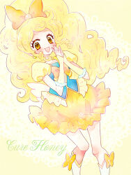  1girl blonde_hair boots bow character_name commentary_request cowboy_shot cure_honey doily frilled_skirt frills hair_bow happinesscharge_precure! knee_boots long_hair looking_at_viewer magical_girl nene_(oneoneo13) oomori_yuuko ponytail precure puffy_short_sleeves puffy_sleeves short_sleeves sidelocks simple_background skirt smile solo steepled_fingers wide_ponytail yellow_background yellow_eyes yellow_skirt 