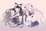  2girls animal_ears bangs black_hair blue_eyes blunt_bangs bow cat cat_ears cat_tail circle_name cover cover_page doujin_cover dress frilled_legwear leggings lingerie long_hair multiple_girls open-back_dress original paw_pose pechika ribbon silver_hair tail underwear very_long_hair watermark web_address 