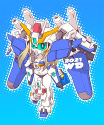  1girl 2021 black_panties blue_background commentary_request ex-s_gundam full_body green_eyes gundam gundam_sentinel long_hair looking_at_viewer mecha mecha_musume mobile_suit one_eye_closed panties robot solo susagane underwear v-fin white_day 