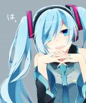  1girl aqua_hair asagao_minoru bare_shoulders between_breasts blue_eyes detached_sleeves hair_over_one_eye hands_clasped hatsune_miku headphones looking_at_viewer necktie necktie_between_breasts open_mouth smirk solo twintails vocaloid 