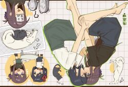  2girls animalization black_hair black_shirt blue_skirt braid brown_hair cat chinese_commentary closed_eyes commentary_request dog green_skirt haidao_mao half_up_braid highres kiss long_hair miyagi_shiori multiple_girls paper_on_head sendai_hazuki shirt short_hair shuuniichido_classmate_wo_kau_hanashi skirt upside-down violet_eyes white_shirt yuri 