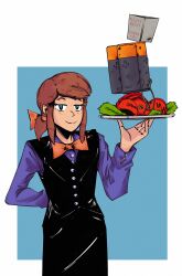  1girl a_hat_in_time absurdres aged_up alternate_costume arm_behind_back battery black_skirt black_vest blue_background blue_eyes border bow bowtie brown_hair buttoned_cuffs buttons closed_mouth cowboy_shot english_text fujimna hair_bow hand_up hat_kid highres holding holding_plate lobster long_sleeves looking_at_viewer medium_hair orange_bow orange_bowtie outside_border oyster_pail plate ponytail purple_shirt shirt sidelocks skirt smile solo stack vest white_border 