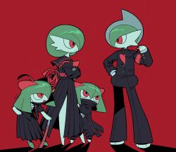  1boy 3girls absurdres arm_ribbon armband barefoot black_jacket black_pants black_sailor_collar black_serafuku black_shirt black_skirt blue_hair bob_cut buttons closed_mouth clothed_pokemon colored_skin commentary covered_mouth crossed_arms english_commentary eye_contact from_side full_body gakuran gallade gardevoir green_hair green_skin hair_between_eyes hand_on_hilt hand_on_own_hip hand_up hiding hiding_behind_another high_collar highres holding holding_whistle jacket kirlia layered_sleeves leg_wrap long_skirt long_sleeves looking_at_another mask mask_pull medium_hair mohawk mouth_mask multicolored_hair multicolored_skin multiple_girls no_feet o1jln open_clothes open_shirt pants pleated_skirt pocket pokemon pokemon_(creature) profile red_background red_eyes red_ribbon ribbon sailor_collar sarashi school_uniform serafuku shinai shirt short_hair short_sleeves siblings side_slit sidelocks simple_background sisters skirt standing surgical_mask sword two-tone_hair two-tone_skin weapon whistle whistle_around_neck white_skin wooden_sword 