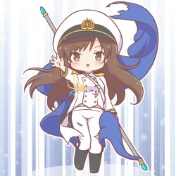  1girl :o black_boots blush boots brown_eyes brown_hair commentary_request flag hat holding holding_flag idolmaster idolmaster_cinderella_girls jacket long_hair mitarashi_neko nitta_minami outstretched_arm pants parted_lips peaked_cap seizon_honnou_valkyria_(idolmaster) solo standing standing_on_one_leg torn_clothes torn_jacket torn_pants v-shaped_eyebrows very_long_hair white_hat white_jacket white_pants 