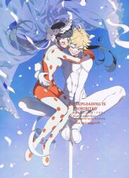  1boy 1girl absurdres adrien_agreste animal_ears arm_around_another's_waist black_hair blonde_hair blue_background bodysuit bridal_veil cat_ears chat_noir closed_eyes colored_sclera commentary earrings english_commentary eye_mask green_sclera head_wreath highres jewelry ladybug_(miraculous_ladybug) marinette_dupain-cheng mask miraculous_ladybug multicolored_bodysuit one_eye_closed ring seio_(nao_miragggcc45) smile staff twintails twitter_username two-tone_bodysuit veil watermark white_bodysuit 