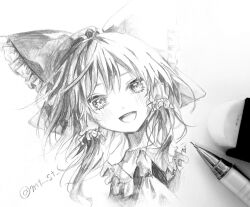  1girl :d art_tools_in_frame ascot blush bow commentary_request frilled_bow frilled_hair_tubes frills furawast greyscale hair_bow hair_tubes hakurei_reimu long_hair looking_at_viewer monochrome open_mouth photo_(medium) portrait smile solo touhou traditional_media 