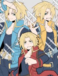  1boy absurdres belt blonde_hair blue_coat castlevania:_portrait_of_ruin castlevania_(series) coat highres ikayaki_hd3 jonathan_morris kunai light_smile male_focus posing red_coat seductive_smile smile sparkle spiky_hair standing strap sweatdrop trench_coat weapon yellow_coat 