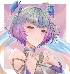  1girl absurdres ahoge bare_shoulders border breasts calmgreentori collarbone commentary commission english_commentary fire_emblem fire_emblem_heroes gem gradient_hair grey_hair hands_up heart heart_in_eye highres index_finger_raised looking_at_viewer medium_breasts multicolored_hair outside_border pointing pointing_at_self purple_hair red_eyes seidr_(fire_emblem) short_hair smile solo symbol_in_eye two-tone_hair white_border 