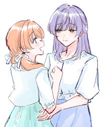  2girls aqua_eyes aqua_skirt blue_skirt cerise_bouquet clenched_hand cowboy_shot earrings eye_contact green_eyes hair_ribbon half_updo hand_on_another's_hip highres hinoshita_kaho jewelry long_hair looking_at_another love_live! love_live!_hasu_no_sora_jogakuin_school_idol_club low_twintails multiple_girls orange_hair otomune_kozue purple_hair ribbon shirt short_sleeves simple_background skirt stud_earrings twintails virtual_youtuber white_background white_ribbon white_shirt zangemiya 