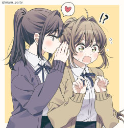  !? 2girls ahoge black_hair black_ribbon black_skirt blush border brown_cardigan brown_hair cardigan collared_shirt commentary_request couple cowboy_shot grey_cardigan hair_ears hair_intakes hands_up heart long_hair long_sleeves multiple_girls neck_ribbon open_cardigan open_clothes open_mouth original outside_border pleated_skirt ponytail ribbon school_uniform shirt shirt_tucked_in simple_background skirt speech_bubble spoken_heart standing surprised surufuji sweat twitter_username v-shaped_eyebrows whispering_in_ear white_border white_shirt yellow_background yellow_eyes yuri 