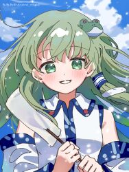 1girl artist_name blue_sky blush breasts clouds commentary_request day detached_sleeves frog_hair_ornament gohei green_eyes green_hair grin hair_ornament hair_tubes highres holding holding_gohei kochiya_sanae looking_at_viewer nene_man single_hair_tube sky small_breasts smile snake_hair_ornament solo touhou twitter_username upper_body 