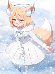  1girl alternate_costume animal_ears blonde_hair blush boots coat_dress commentary_request dress earmuffs fox_ears fox_girl fox_tail fur-trimmed_boots fur-trimmed_hood fur-trimmed_sleeves fur_trim green_ribbon hair_between_eyes highres holding holding_lantern hood hooded_dress kudamaki_tsukasa lantern long_sleeves looking_at_viewer medium_hair neck_ribbon open_mouth pantyhose ribbon smile snow snowing solo tail touhou touhou_lostword white_boots white_dress white_pantyhose winter yellow_eyes you_(noanoamoemoe) 