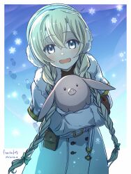  1girl absurdres animal blonde_hair blue_eyes blush braid bubu_(stella_glow) coat earmuffs fractal_(fractal25) gloves highres holding holding_animal long_hair looking_at_viewer official_alternate_costume official_alternate_hairstyle pig popo_(stella_glow) smile stella_glow twin_braids very_long_hair white_coat winter_clothes winter_coat 
