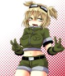  1girl artist_request bel_hydra blonde_hair blood_lad breasts goggles goggles_on_head green_eyes large_breasts short_hair smile solo tongue tongue_out 
