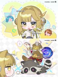  1boy 2girls :o animalization blonde_hair blue_hair bob_cut chibi coat ding_(vessel) han_zhang_(reverse:1999) highres hissabeth kiperina makigumocream mark_under_eye multiple_girls name_day_(reverse:1999) nebula newt platypus pointer_(reverse:1999) raccoon reverse:1999 robot_ears salamander sample_watermark short_hair snake sweat v-shaped_eyebrows voyager_(reverse:1999) watermark white_coat yellow_eyes 