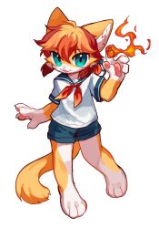  1boy :3 absurdres aqua_eyes arm_at_side barefoot blue_sailor_collar blue_shorts borrowed_character cat_boy chiech1_e commission deformed fewer_digits fire full_body furry hair_between_eyes hand_up happy highres looking_at_viewer magic male_focus medium_hair neckerchief orange_hair original parted_lips pigeon-toed pyrokinesis red_neckerchief sailor_collar sailor_shirt second-party_source shirt short_shorts short_sleeves shorts simple_background smile solo standing standing_on_one_leg tail transparent_background trap white_fur white_shirt yellow_fur yellow_tail 