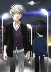  2boys aldnoah.zero back-to-back brown_hair casual green_eyes hoodie kaizuka_inaho lamppost moon multiple_boys night platinum_blonde shikasuga_(homojina) short_hair sky slaine_troyard 