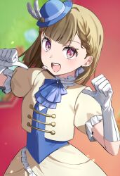 1girl :d blue_hat blue_vest blurry blurry_background braid brown_hair center-flap_bangs cowboy_shot elbow_gloves feathers frilled_skirt frilled_sleeves frills gloves hana_sakeba_yume_kakeru hat hat_feather highres jacket kachimachi_kosuzu kai_(shell) long_hair looking_at_viewer love_live! love_live!_hasu_no_sora_jogakuin_school_idol_club love_live!_hasu_no_sora_jogakuin_school_idol_club_bloom_garden_party mini_hat open_clothes open_jacket open_mouth outdoors pink_eyes pointing pointing_at_self pointing_with_thumb shirt short-sleeved_jacket short_sleeves side_braids skirt smile solo teeth upper_teeth_only vest virtual_youtuber white_feathers white_gloves white_shirt yellow_jacket yellow_skirt 